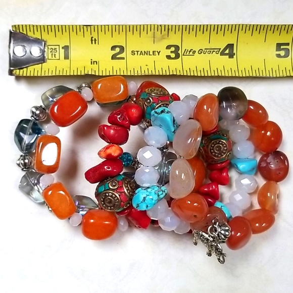 Hand Crafted Boho Beaded Agate, Coral, Turquoise and Amber Wrap Bracelet - Picture 16 of 16